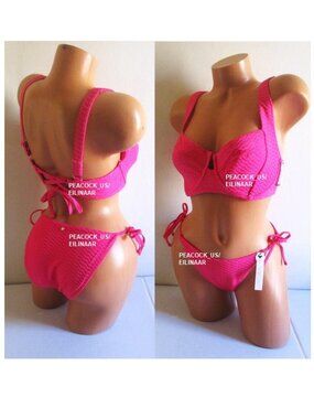 38D/L VICTORIA SECRET Lace-Up Back Strappy Top Bikini Side Tie Cheeky Hot Pink